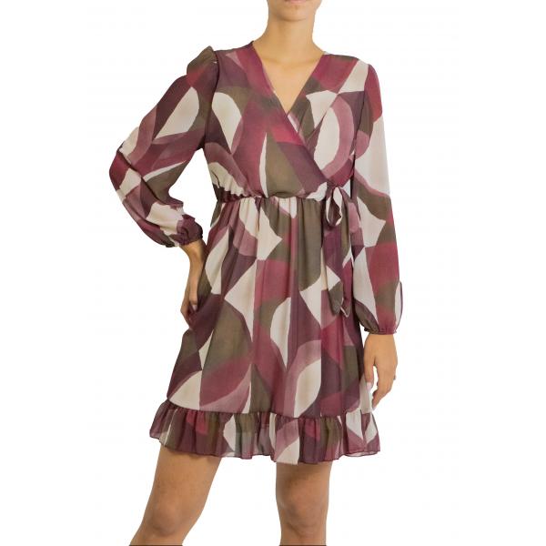 Vestito scollo a V fantasia con cinta laterale 